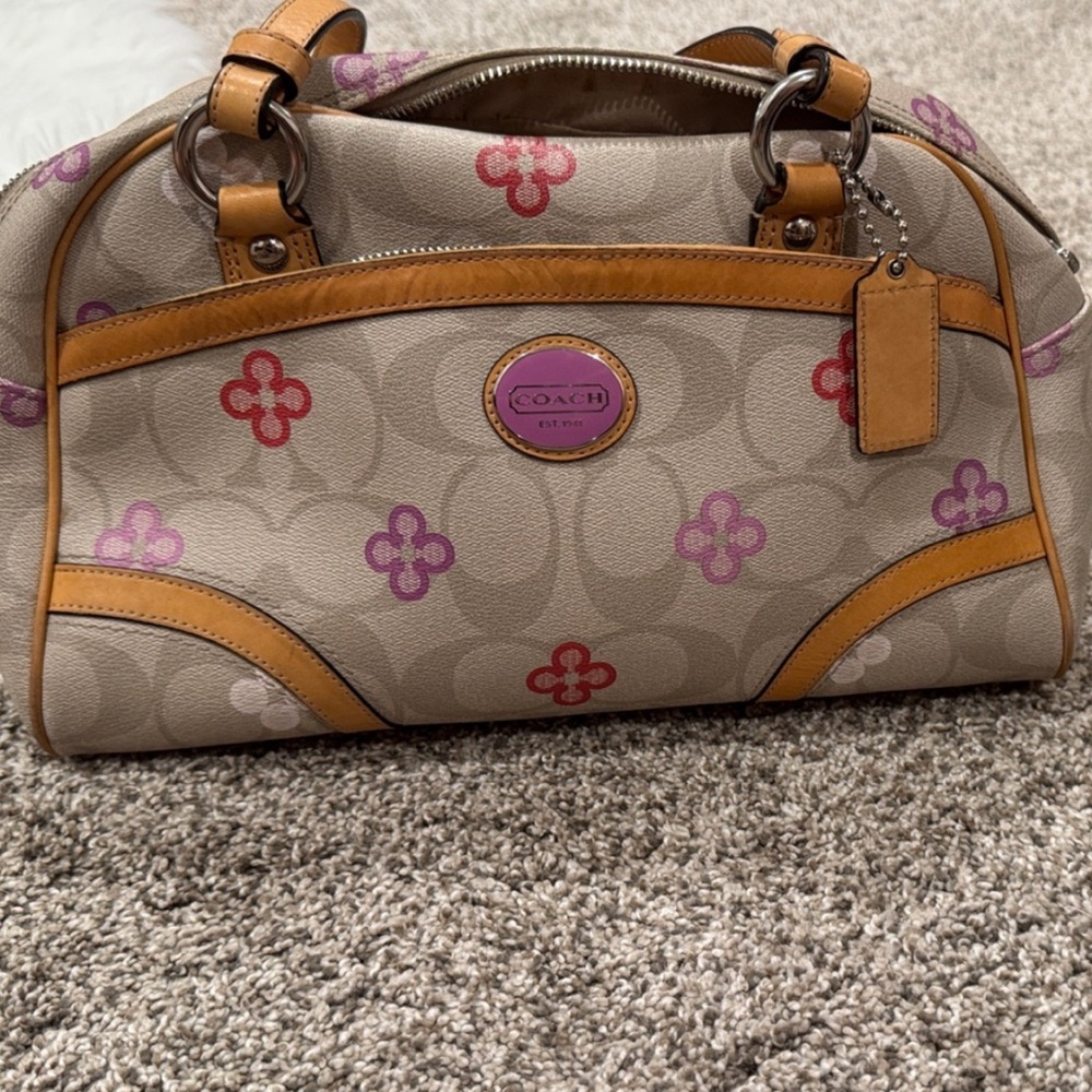 Coach Beige and Tan Satchel with Pink and Purple Accents
